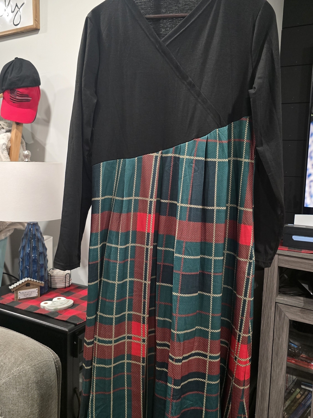 Colorblock Plaid Long Sleeve Maxi Dress - Stretchy Graphic Size L